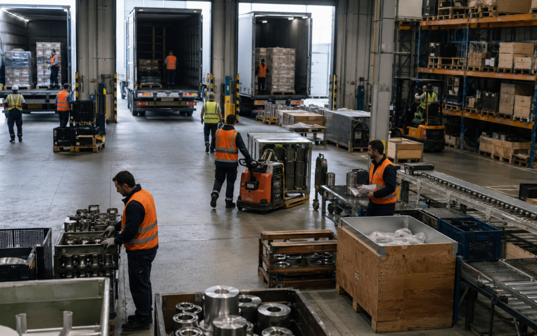 Magazzino industriale durante un picco logistico con operatori al lavoro e camion alle baie.