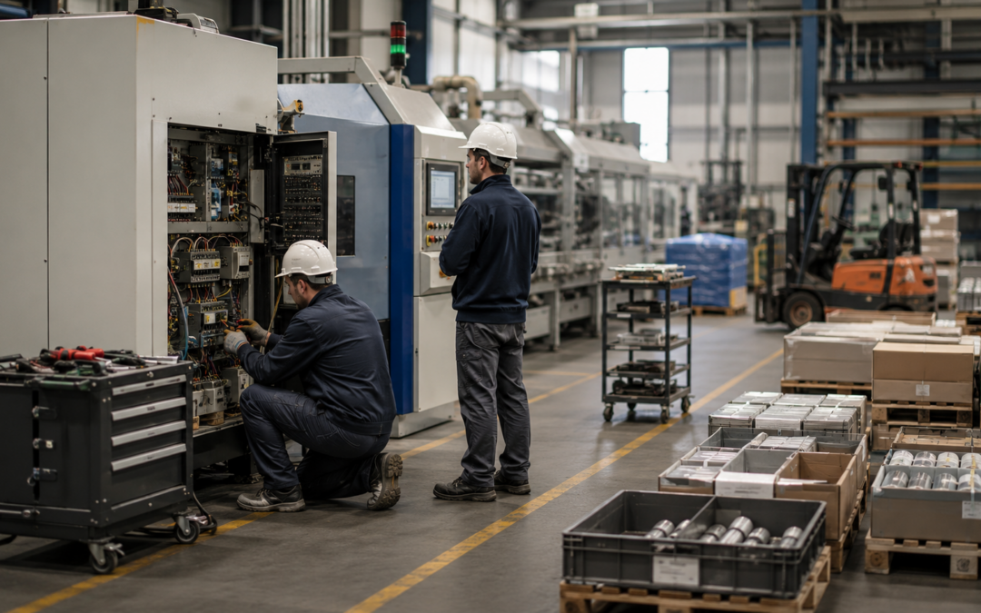 Tecnici al lavoro su una linea produttiva ferma durante un intervento di manutenzione industriale
