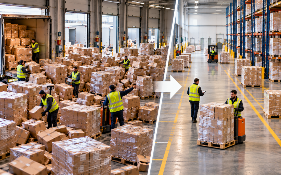 Magazzino logistico: confronto tra area congestionata durante un picco di lavoro e area organizzata con flussi ordinati